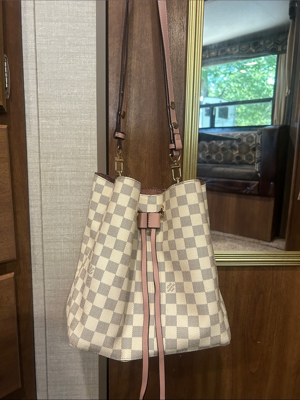 Louis Vuitton Damier Azur Bucket Bag with Pink Trim and Gold Hardware